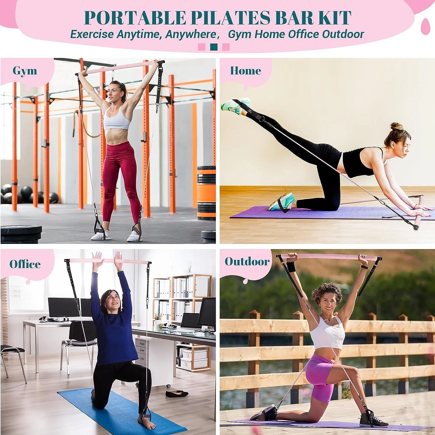 Portable Yoga Pilates Bar with Heavy Duty Metal Adjustment Buckle Pilates Flexbands, Pink