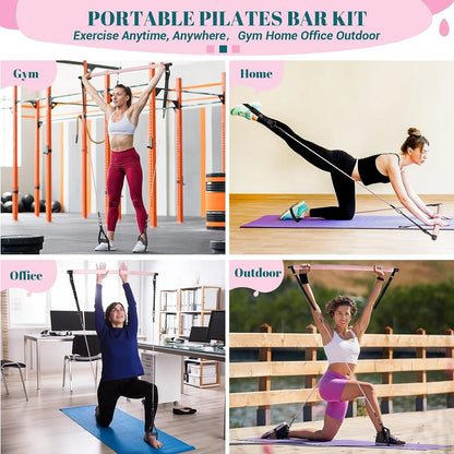 Portable Yoga Pilates Bar with Heavy Duty Metal Adjustment Buckle Pilates Flexbands, Pink