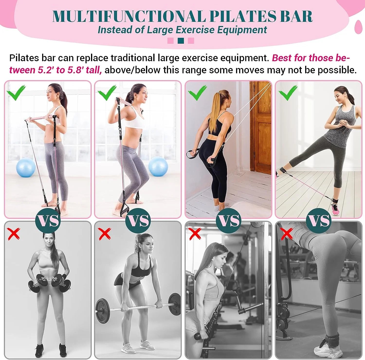 Portable Yoga Pilates Bar with Heavy Duty Metal Adjustment Buckle Pilates Flexbands, Pink