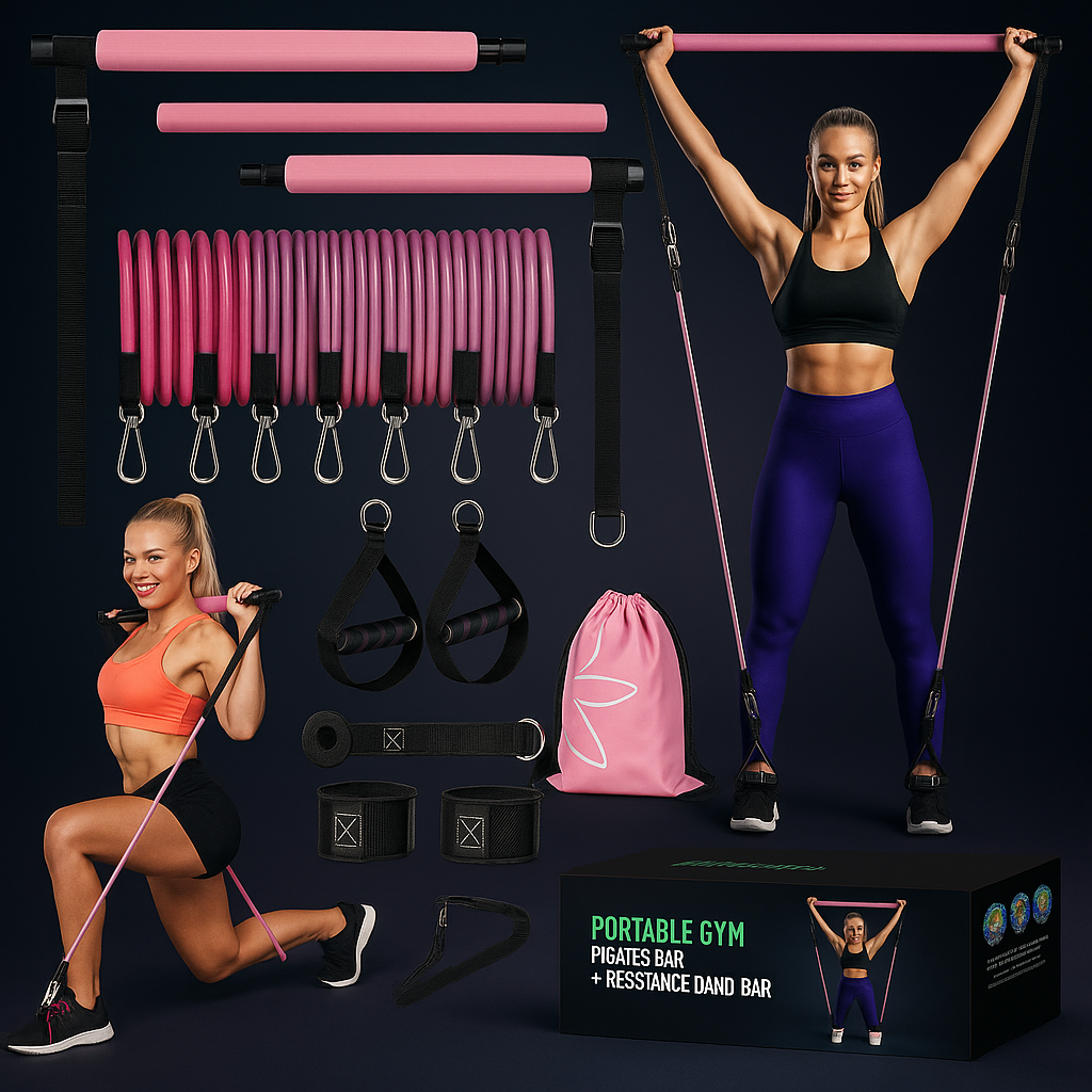 Portable Yoga Pilates Bar with Heavy Duty Metal Adjustment Buckle Pilates Flexbands, Pink